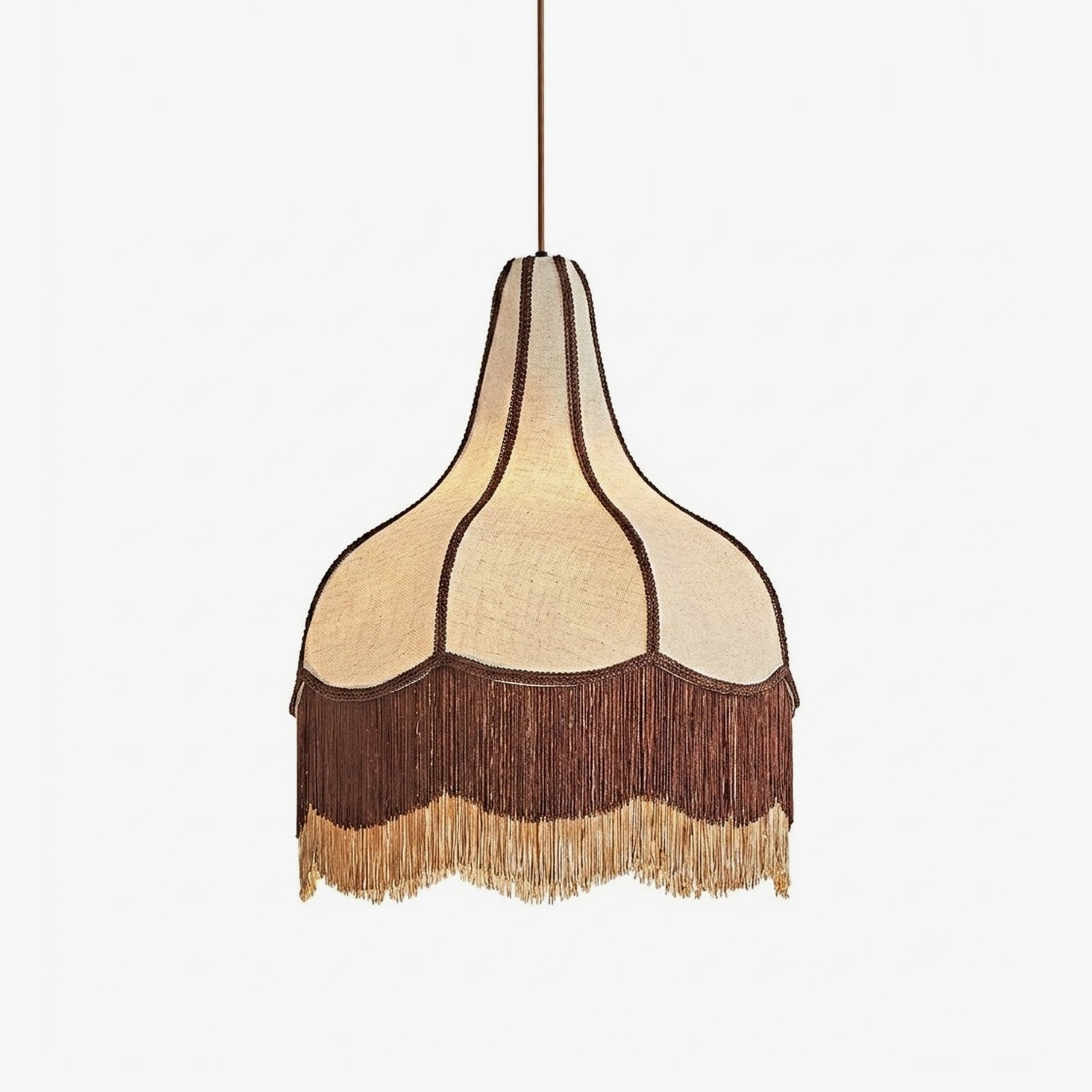 Pendelleuchte Fringed Bell mit braunem und beigem Stoffschirm