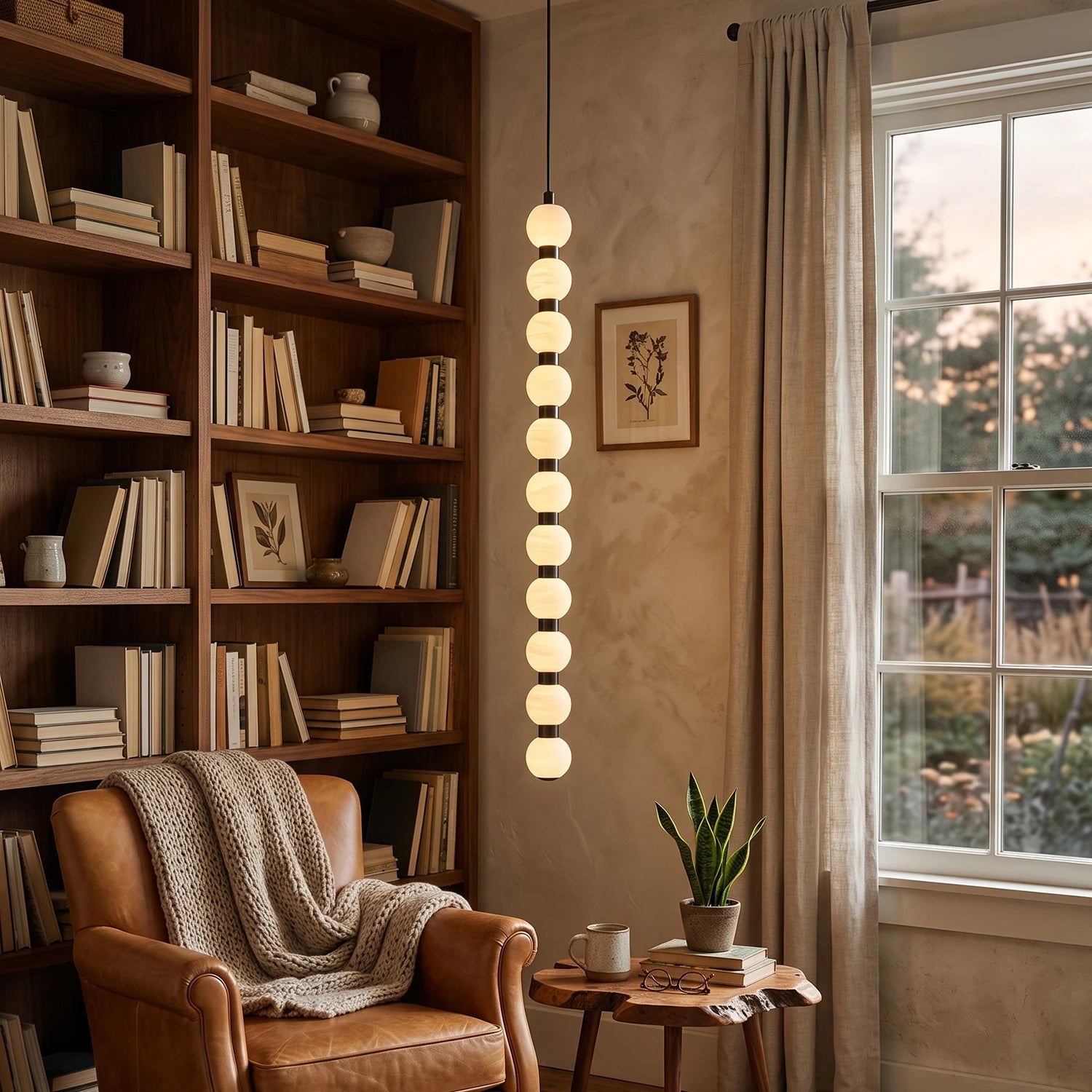 Linear Orbique Alabaster Bead Pendant Light