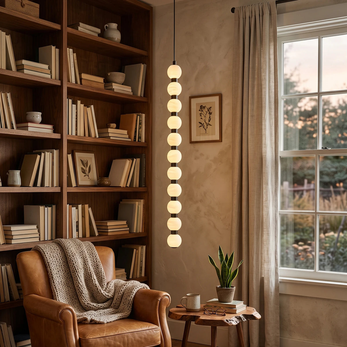 Linear Orbique Alabaster Bead Pendant Light