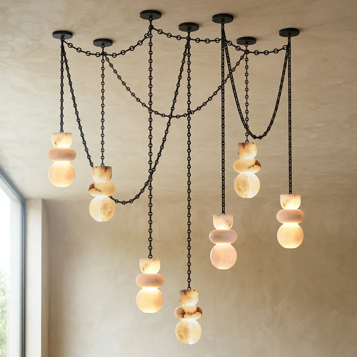 Alabaster Cylindrical Chain Chandelier